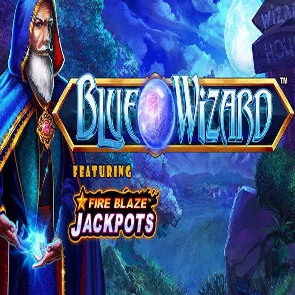 Official Slots logo: Blue Wizard Fire Blaze Jackpots by Rarestone Gaming at Big Lucky Casino